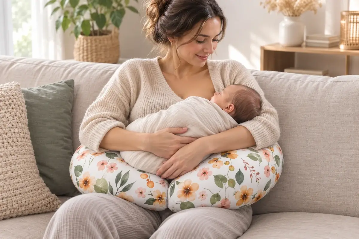 Kvinna sittande i en soffa med en vit blommig amningskudde runt midjan och ett nyfött barn i brösthöjd