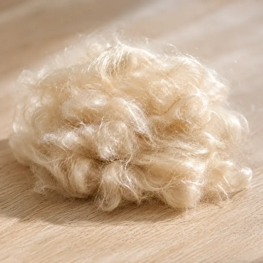 Liten hög ljusbeige kapockfiber, silkeslen, på en träyta