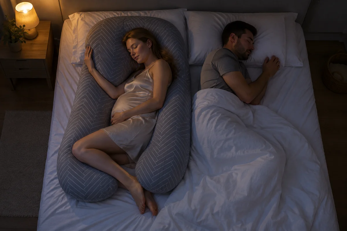 Sovande par på natten, kvinnan stöttad i U-kudden, mannen lugn bredvid