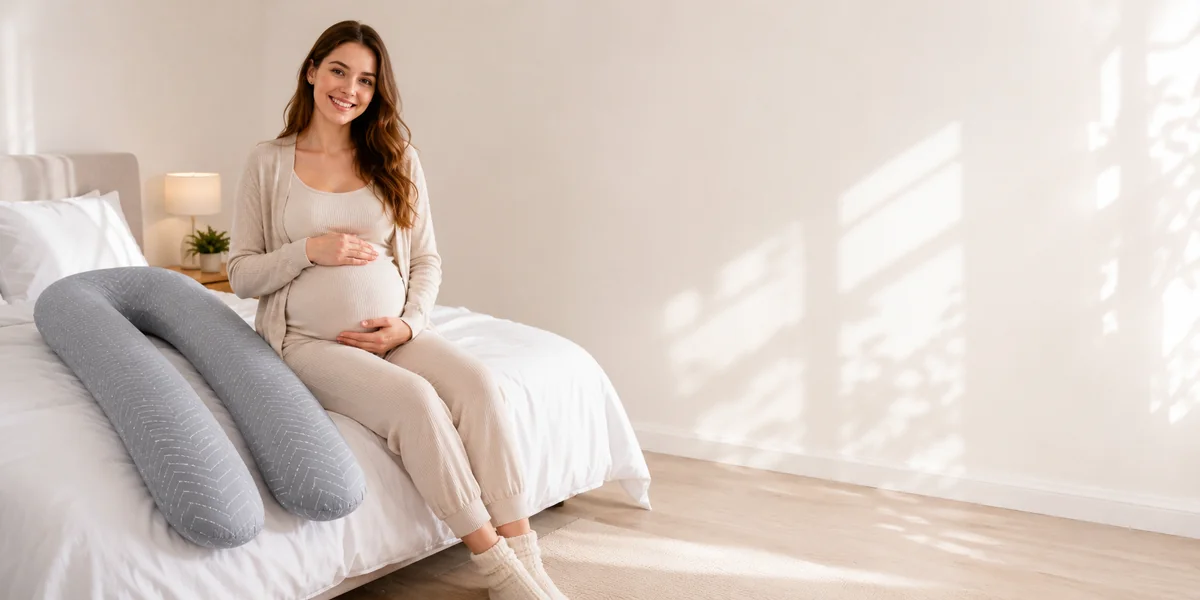 Gravid kvinna sitter på sängkanten och ler, med gravidkudden i U-form bredvid sig