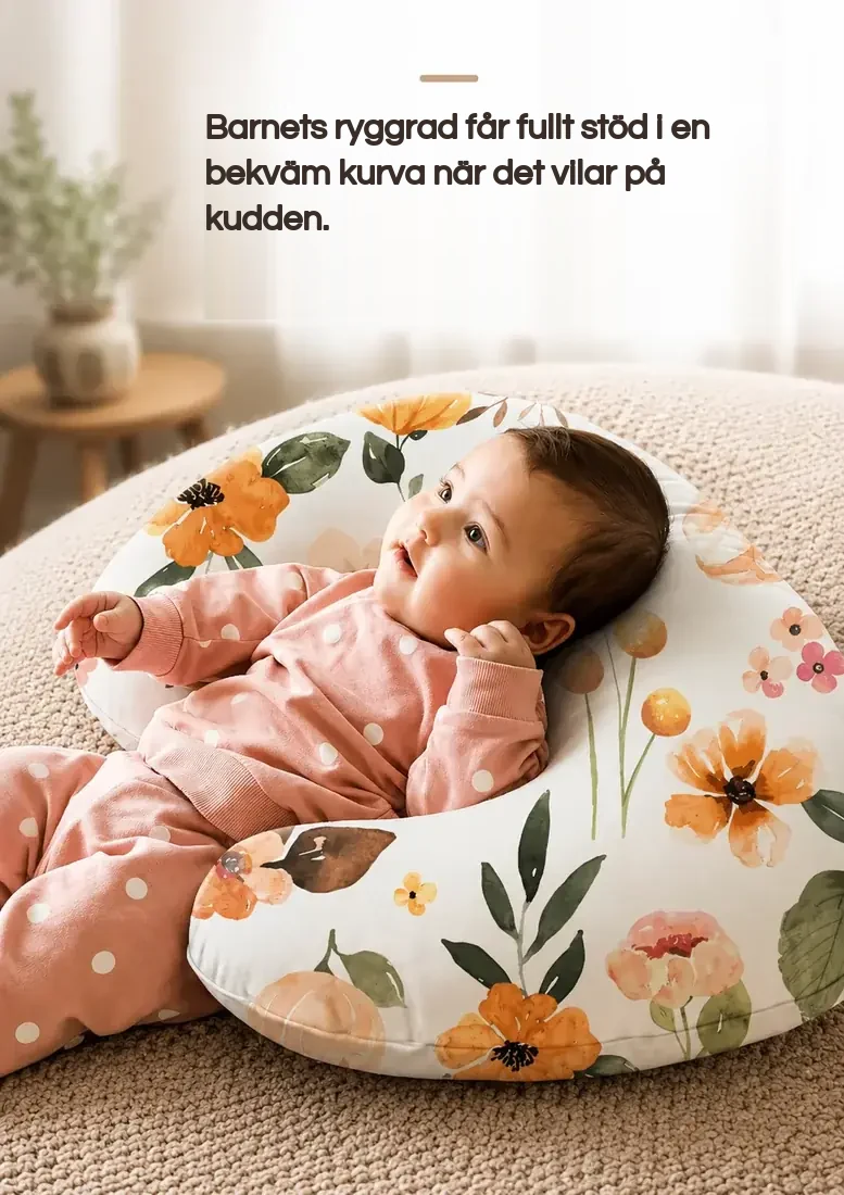 Ett spädbarn som ligger på rygg i amningskuddens kurva, med blommönster